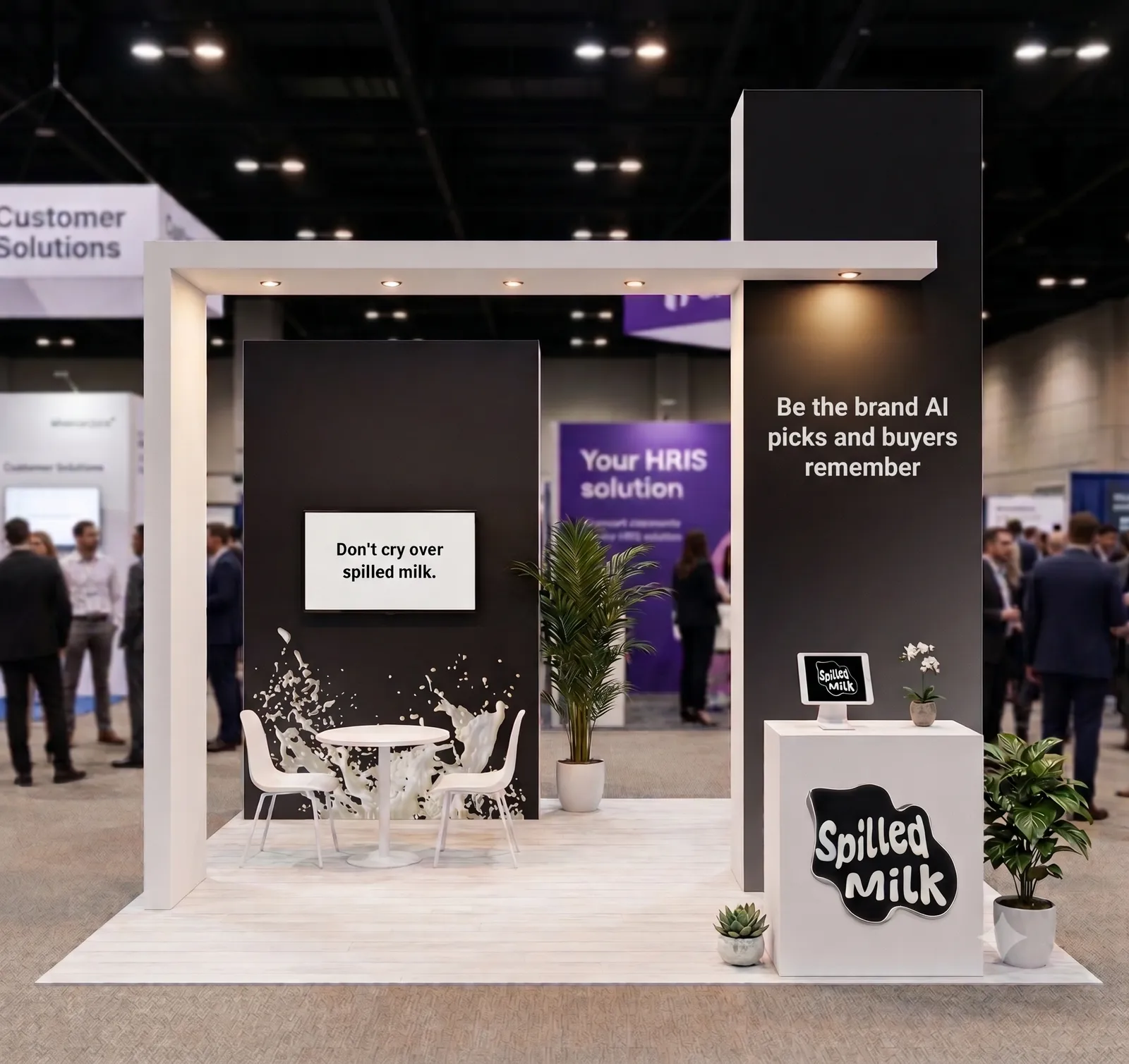 Design mockup previewing a Spilled Milk trade-show booth: a dark display wall reading 'Be the brand AI picks and buyers remember' beside a branded counter. A preview render, not a real event.